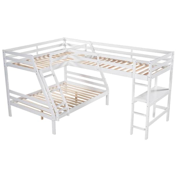 STICKON White L-Shaped Twin Over Full Bunk Bed and Twin Size Loft Bed with Built in Desk