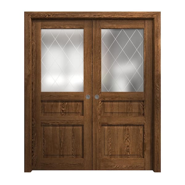 48 in. x 84 in. Frosted Glass Cognac Oak Solid Wood Double Pocket Doors With Hardware