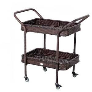 Brown Wicker 32.25 in. Kitchen Island Serving Cart with 2-Tier Open Shelf and Brakes for Poolside Garden Patio