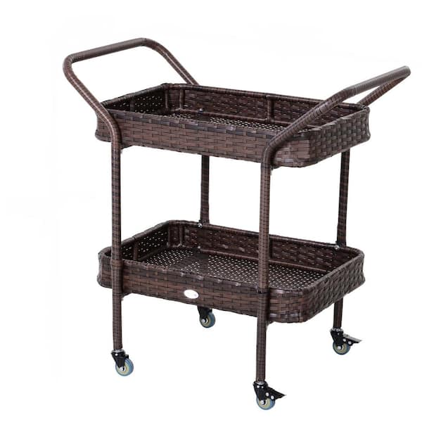 Zeus & Ruta Brown Wicker 32.25 in. Kitchen Island Serving Cart with 2-Tier Open Shelf and Brakes for Poolside Garden Patio