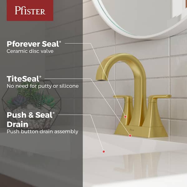 Bruxie 4 in. Centerset Double-Handle High Arc Bathroom Faucet with Drain Kit Included in Brushed Gold