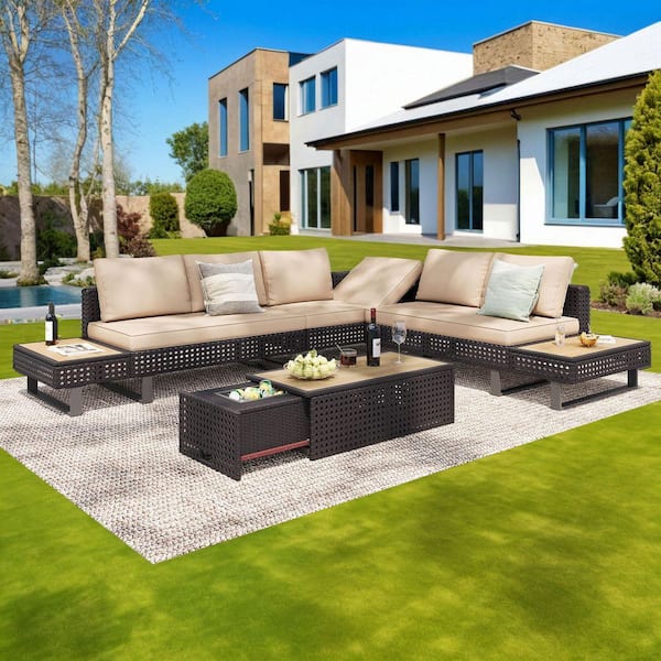 Eljget 6-Person Patio Wicker Seating Set With Cushions And Pillows WithExpandable lce Bucket Coffee Table And Side Table