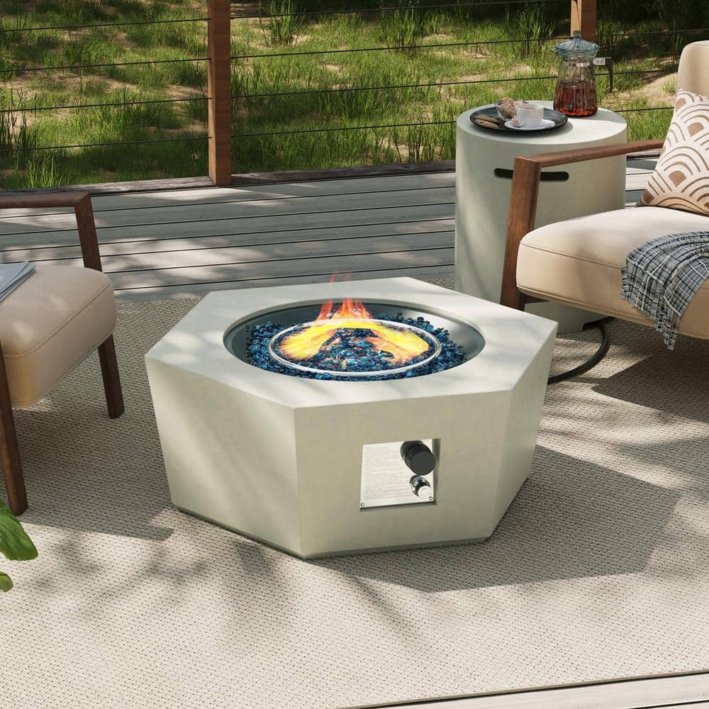 41 in. 50,000 BTU Off-White Hexagon Concrete Outdoor Propane Gas Fire Pit Table with Propane Tank Cover -  UPHA, 41MGO-6BX-MB