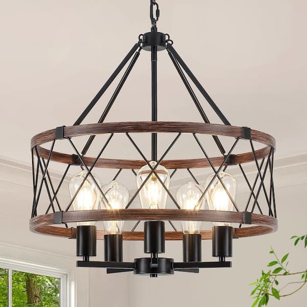 5-Light Black and Brown Modern Drum Farmhouse Chandelier for Kitchen Island with no bulbs included