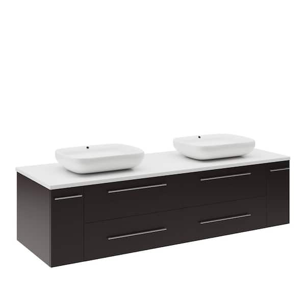 Lucera 60 in. Double Sink Wall Mount Floating Espresso Bath Vanity with White Quartz Top and Vessel Ceramic Sinks