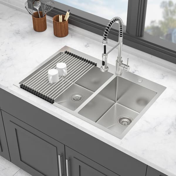 キッチンシンク NEW 33 in. Double Bowl (60/40) Drop-in Kitchen Sink, 16 Gauge