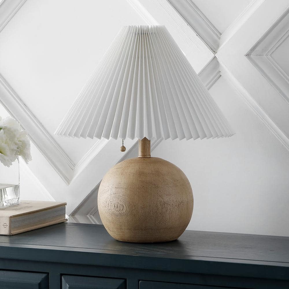 Beige Wood Finish Round Resin Bedside Table Lamp with Linen Shade