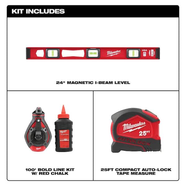 24 in. Magnetic I-Beam Level and 100 ft. Bold Line Chalk Reel Kit with Red Chalk & 25 ft. Compact Auto Lock Tape Measure