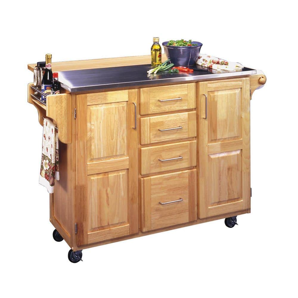 Natural Wood Kitchen Cart with Stainless Steel Top and Drop Leaf