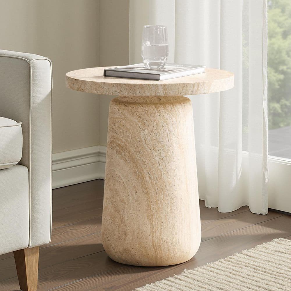 Alzaga 19 in. Beige Round Faux Marble End Table with Simple Assembly