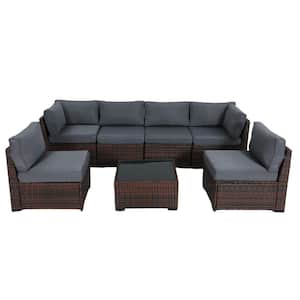 7-Piece Wicker Weather Resistant Outdoor Furniture Set with Dark Gray Thick Cushions and Coffee Table