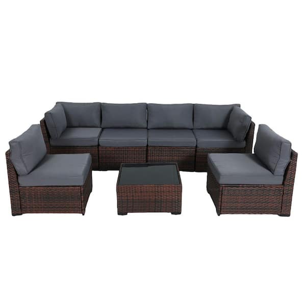 Decksplore 7-Piece Wicker Weather Resistant Outdoor Furniture Set with Dark Gray Thick Cushions and Coffee Table