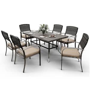 Brown 7-Piece PE Wicker Outdoor Dining Set with Brown Cushions