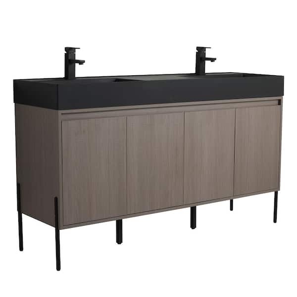Crownpoint 60 in. Freestanding Double Gray Oak Bathroom Vanity with Black Acrylic Sink Top Unassembled