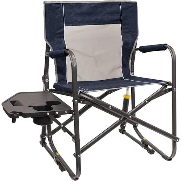 Metal Outdoor Rocking Chair Side Table Camping Chair Portable Folding Rocking Chair-Heathered Indigo