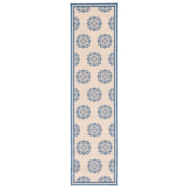 Linden Blue/Cream 2 ft. x 8 ft. Border Multi-Florals Indoor/Outdoor Runner Rug