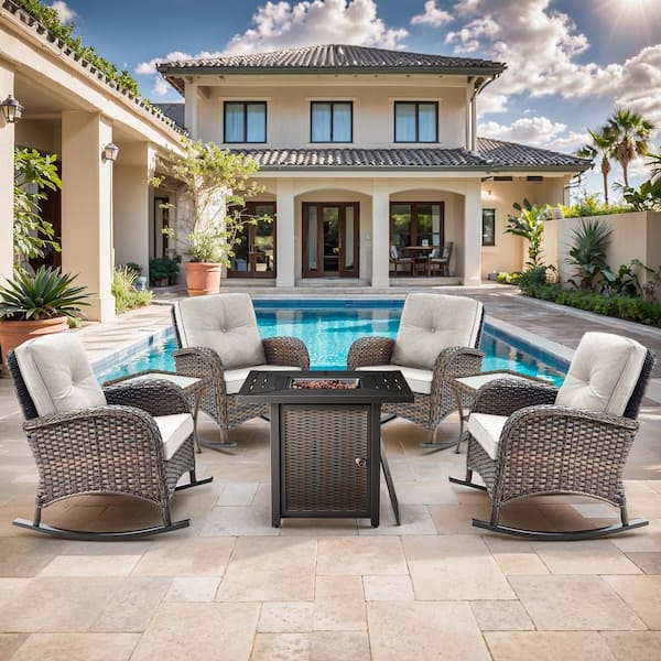 Brown 7-Piece Wicker Patio Fire Pit Set, Outdoor 4-Person Seating Set with Olefin Beige Cushions and Rocking Chairs