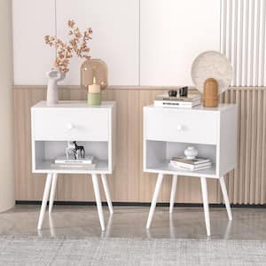 Nightstands Set of 2, Industrial 2-Tier Wood End Tables with 1 Drawer, Mid-Century Modern Side Tables, Pure White