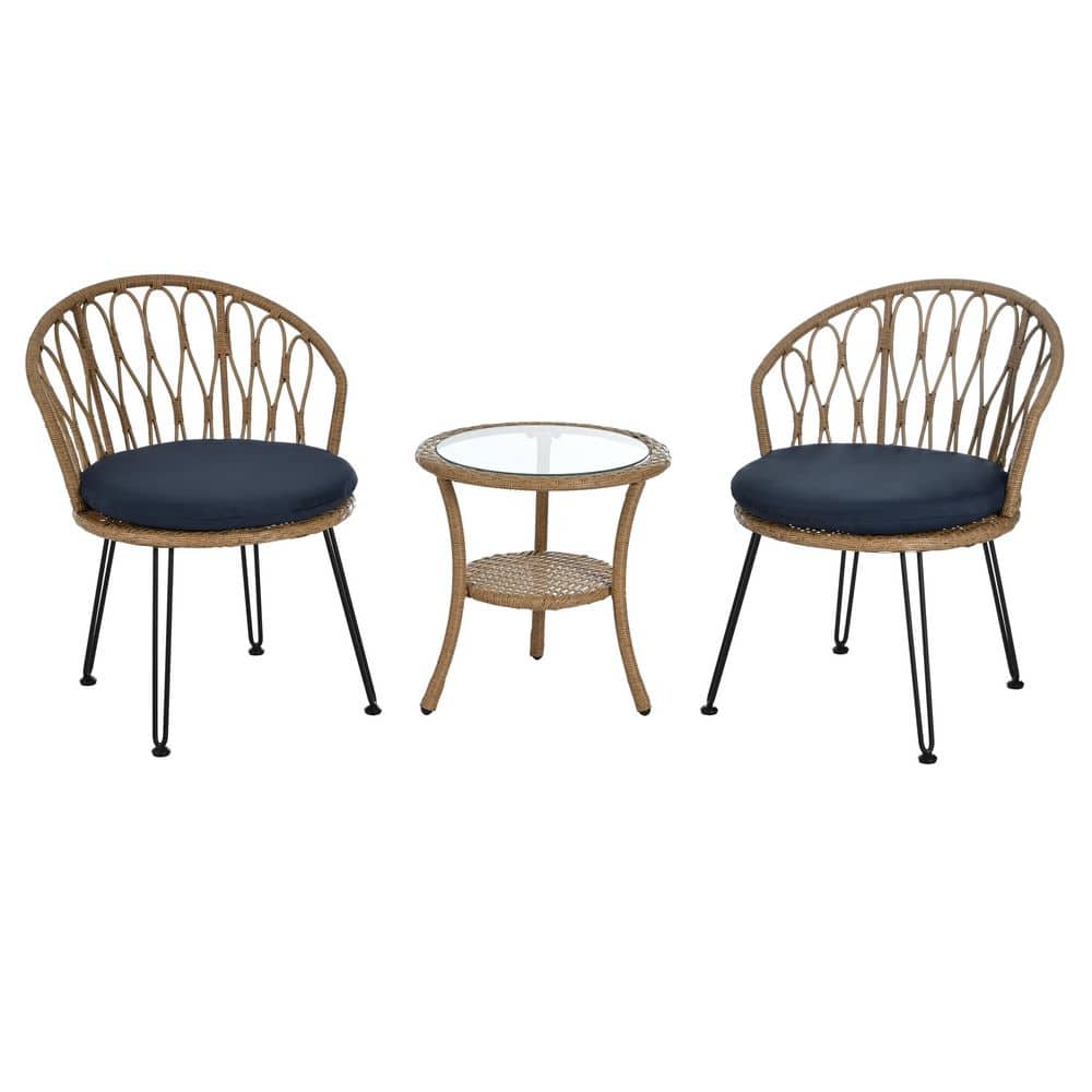 3 Piece Wicker Round Outdoor Bistro Set with Dark Blue Cushions, Patio Leis