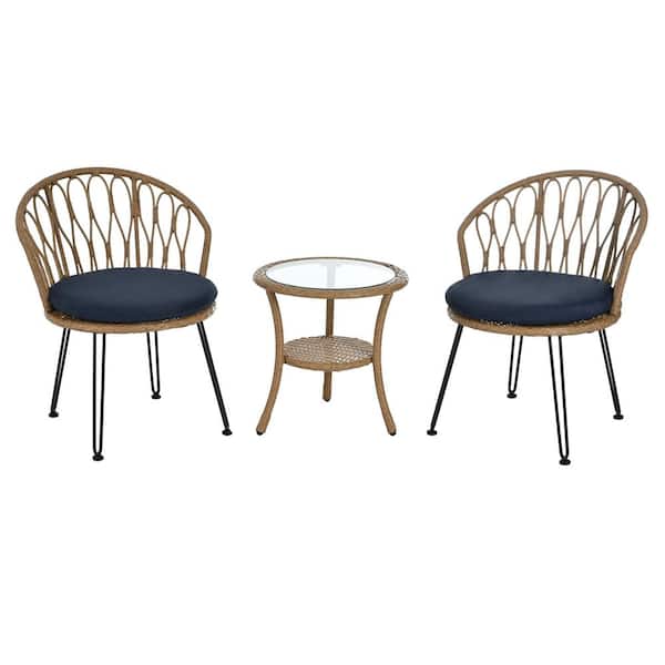 Unbranded 3 Piece Wicker Round Outdoor Bistro Set with Dark Blue Cushions, Patio Leisure Set for Balconies Courtyards