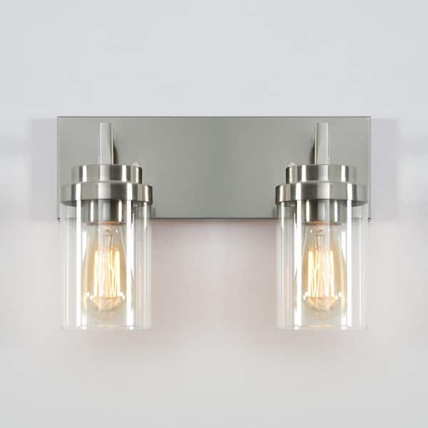 KAWOTI 14 in. 2-Light Brushed Nickel Vanity Light with Clear Glass Shade