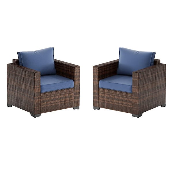 All-Weather Ergonomic Arm Rust Proof Rattan Wicker Outdoor Patio Sectional Lounge Chair with Blue Cushions(2-Pack)