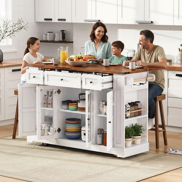 Farmhouse White Wood 53 in. Drop Leaf Kitchen Island with 3-Drawer and Tempered Glass Cabinet Doors