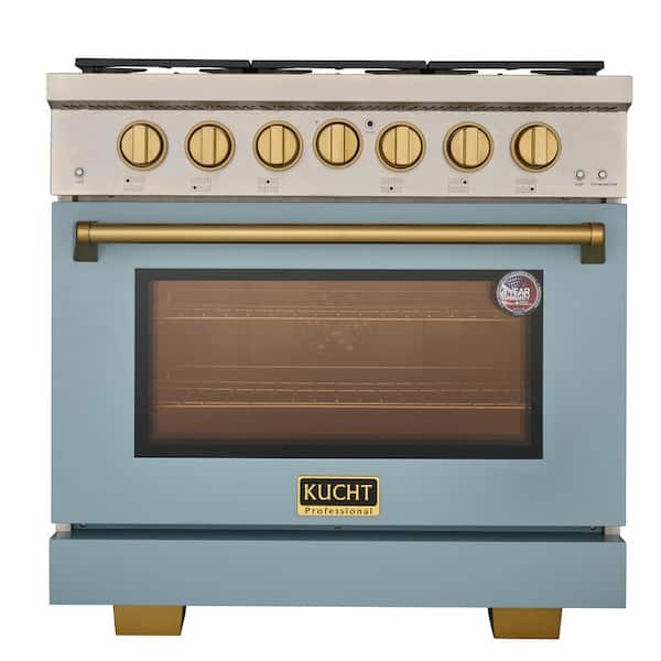 36 in. Natural Gas Range 6 Burners in Light Blue with Gold Knobs and True Simmer Burners
