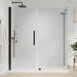 Pasadena 60in. L x 34in. W x 75in. H Corner Shower Kit w/Pivot Frameless Shower Door in Black w/Shelves and Shower Pan