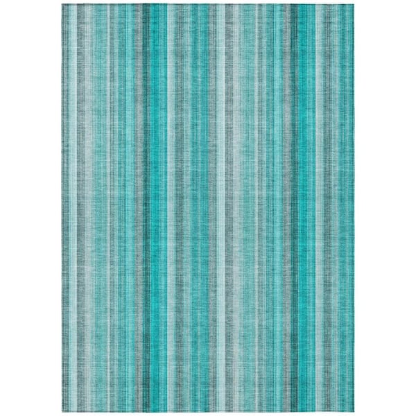 Teal and Gray 10 ft. x 14 ft. Woven Striped Rectangle Indoor/Outdoor Area Rug