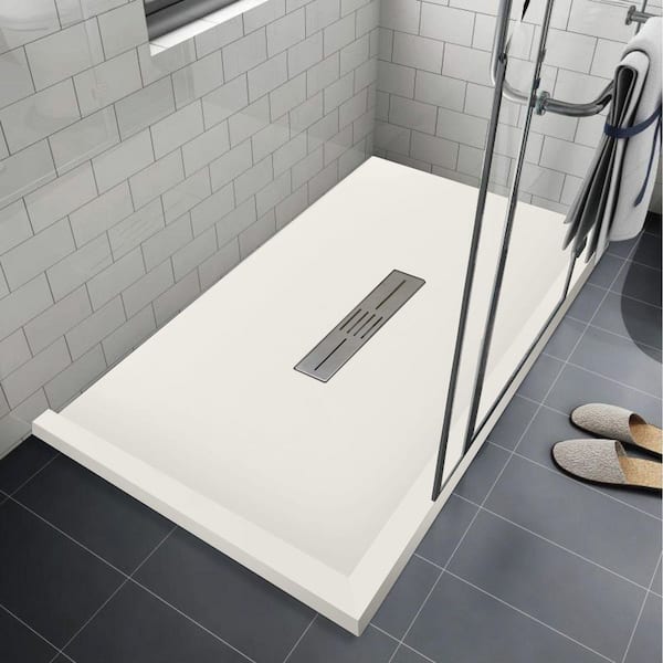 Trimslate 59.1 in. L x 31.5 in. W Corner Custom Shower Pan Base with Center Drain and Double Threshold in Cameo