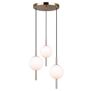 Nara 40-Watt 3 Light Gold Art Deco Pendant Light with White Glass Shade