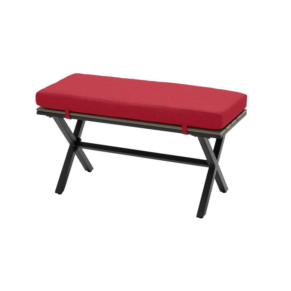 Laguna Point Brown Steel Wood Top Outdoor Patio Bench with CushionGuard Chili Red Cushions -  Hampton Bay, H095-01193800