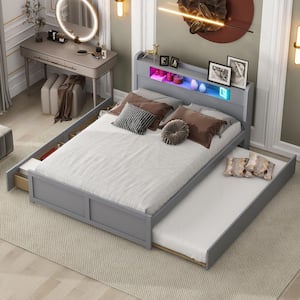 Gray Wood Frame Queen Size Platform Bed with 2-Drawer, LED Lighted Headboard with Inner Shelf, Twin Size Trundle