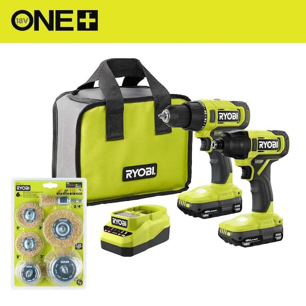 ONE+ 18V Cordless 2-Tool Combo Kit with Drill/Driver, Impact Driver, (2) Batteries, Charger, & Wire Wheel Set (6-Piece)