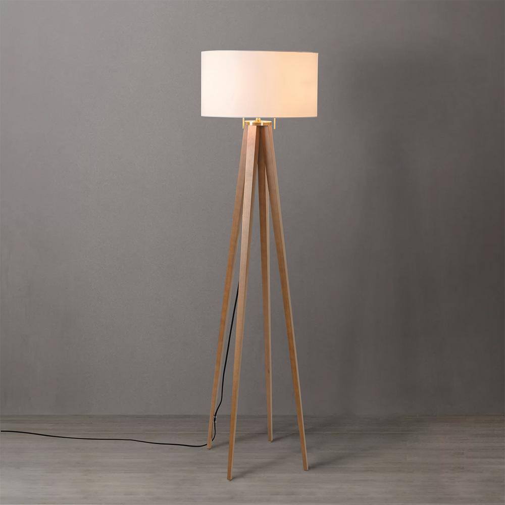 Natural Ash and Weathered Brass Floor Lamp with White Linen Shade