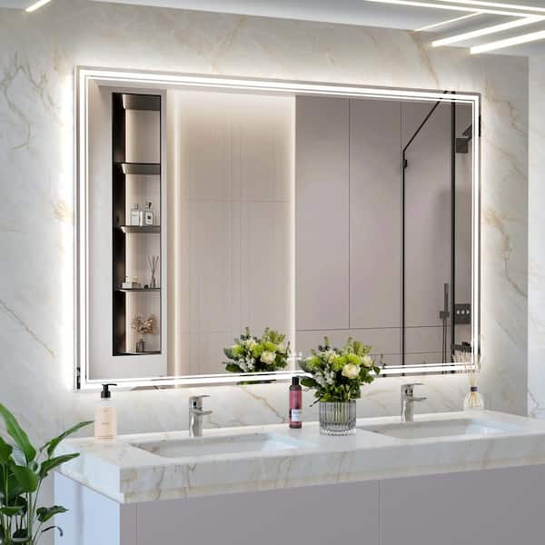 Unbranded Silver 60 x 40 in. Oversized LED Bathroom Mirror Wall Mounted Mirror with 3 Color Modes Aluminum Frame Large Wall Mirror