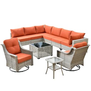 Holston 10-Piece Wicker Modern Outdoor Patio Conversation Sofa Sectional Set with Swivel Chairs and Orange Red Cushions