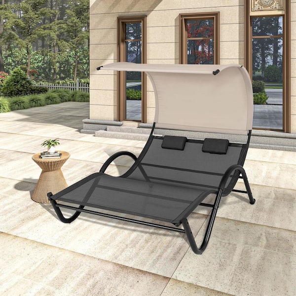 ANGELES HOME Black Metal Outdoor Chaise Lounge with Removable Headrest Pillows and Beige Sunshade Canopy