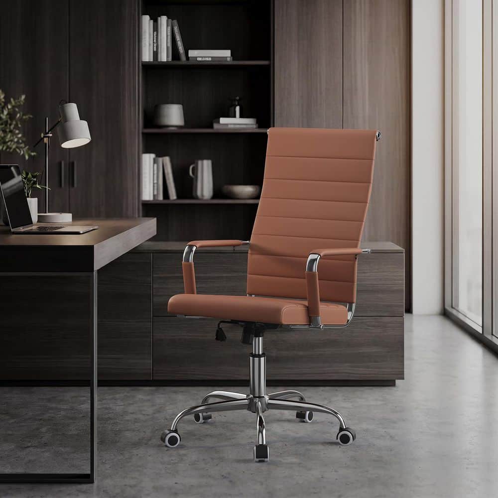 High Back Faux Leather Ribbed Adjustable Height Swivel and Tilt Executive Chair in Brown with Padded Arms
