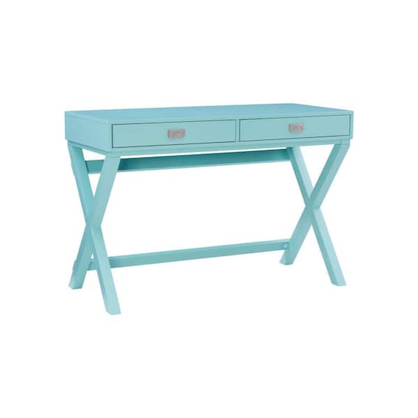 Linon Home Decor 44 in. Rectangular Sara Blue 2 Drawer Writing Desk with Built-In Storage