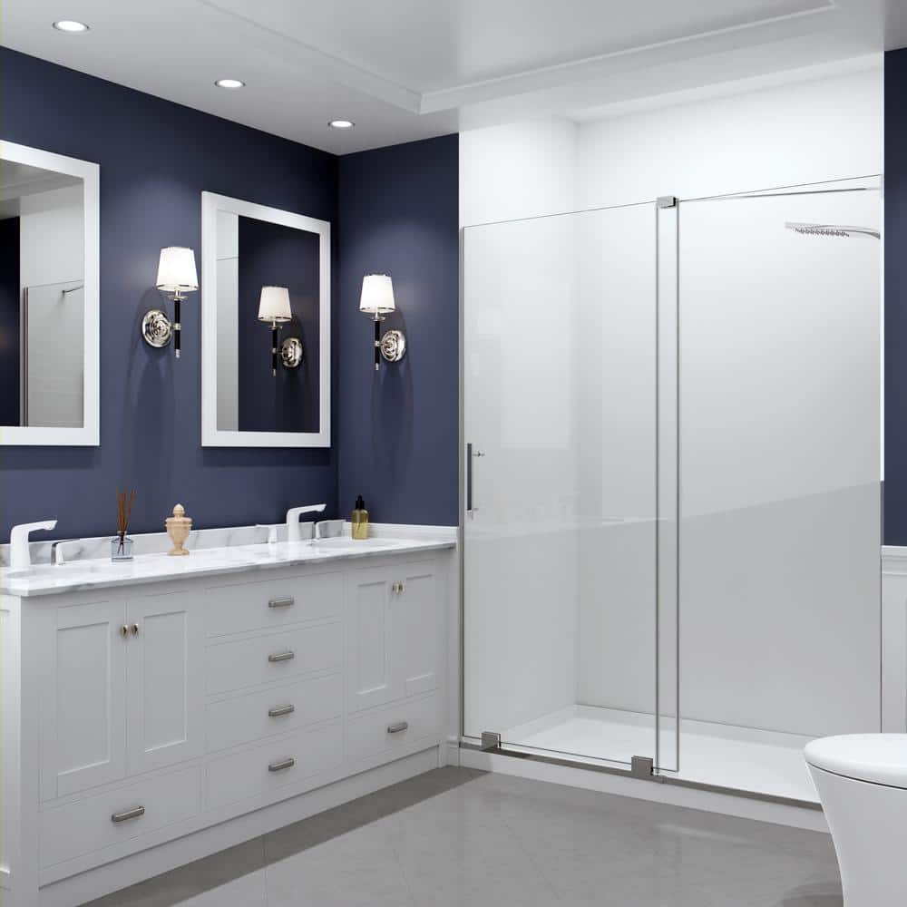 Polished Chrome Semi-Frameless Sliding Shower Door with Tsunami Guard
