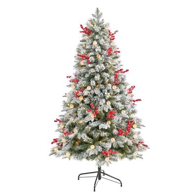 6 ft. Snow Tipped Norwegian Fir Pre-Lit Artificial Christmas Tree with Lights, Globe Lights, Berries & Bendable Branches