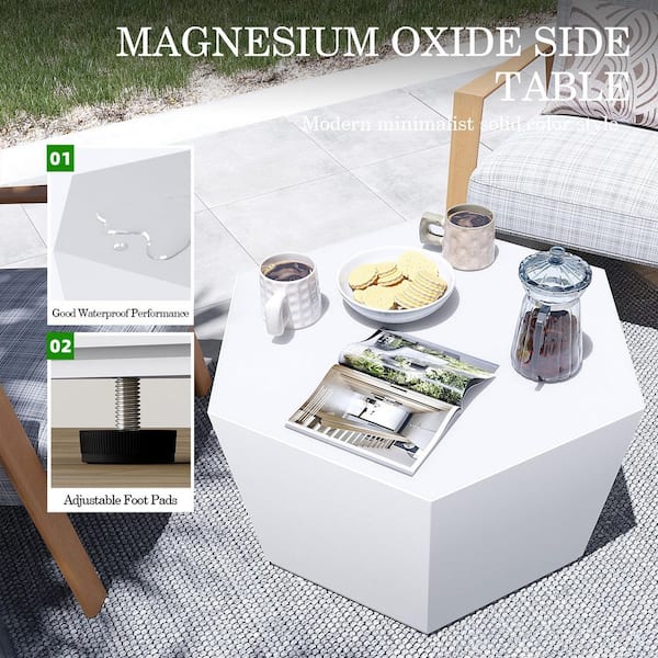 28 in. Pure White Hexagon Concrete Outdoor Coffee Table, Patio Conversation Table