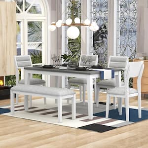 Classic 6-Piece Rectangle White MDF Top Dining Set with 4 Upholstered Chairs and Bench