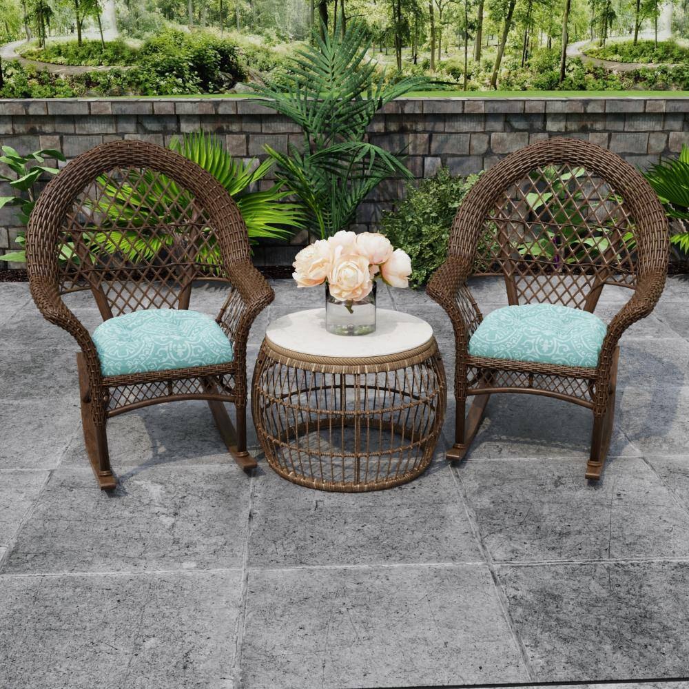 Quasi Zinc Turquoise Geometric Tufted Outdoor Wicker Seat Cushions, 18" x 18" (Set of 2)
