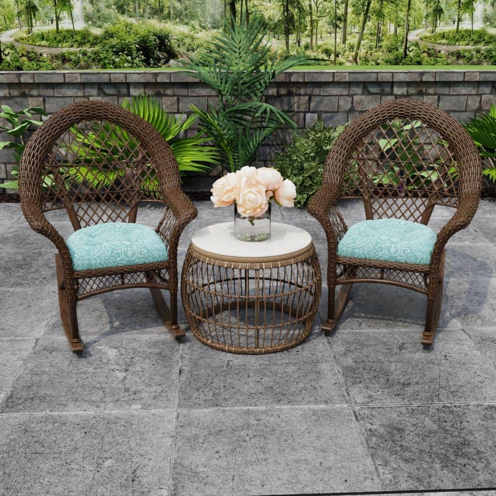 Quasi Zinc Turquoise Geometric Tufted Outdoor Wicker Seat Cushions, 18" x 18" (Set of 2)