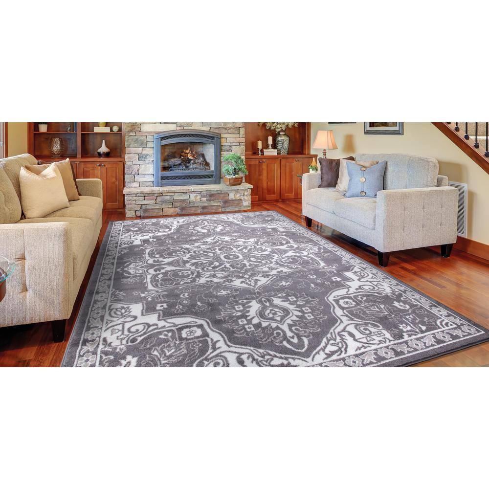 Gray Rectangular Medallion Synthetic Easy Care Area Rug