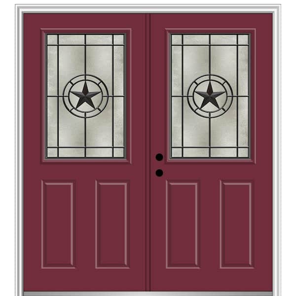 MMI Door Elegant Star 64 in. x 80 in. Right-Hand/Inswing 1/2 Lite Decorative Glass Burgundy Painted Fiberglass Prehung Front Door