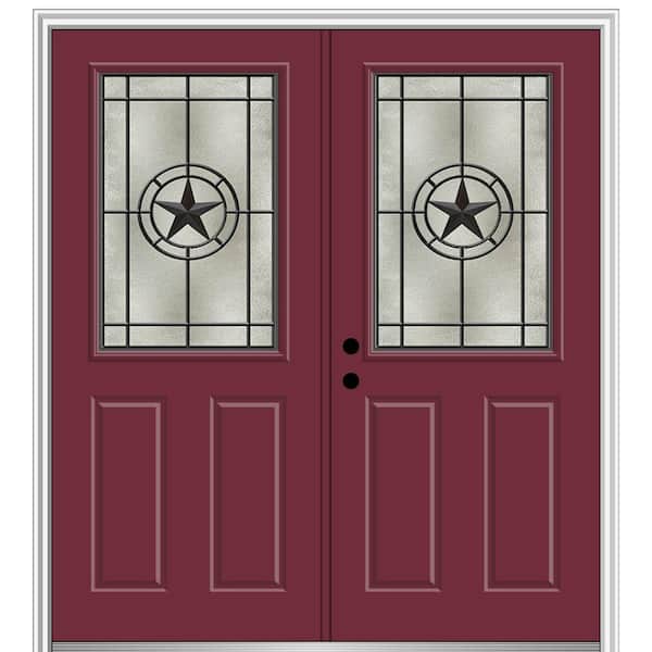 MMI Door Elegant Star 72 in. x 80 in. Right-Hand/Inswing 1/2 Lite Decorative Glass Burgundy Painted Fiberglass Prehung Front Door